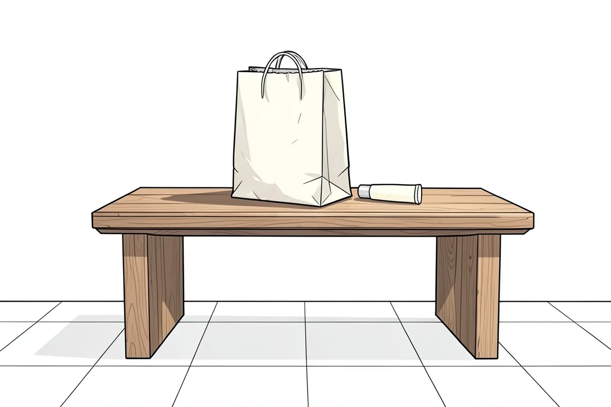 Un banco bajo de madera sobre un suelo de baldosas, con una bolsa de papel de la compra y un tubo de crema liso sin etiqueta encima, y la luz de la mañana entrando de lado