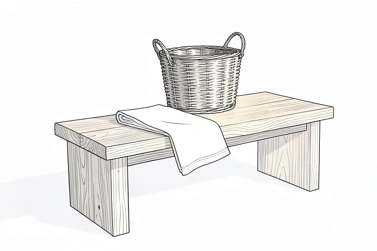 Un banco bajo de madera en un baño, con una cesta de mimbre y una toalla clara doblada encima, apoyado en el suelo, y la luz de la mañana entrando de lado