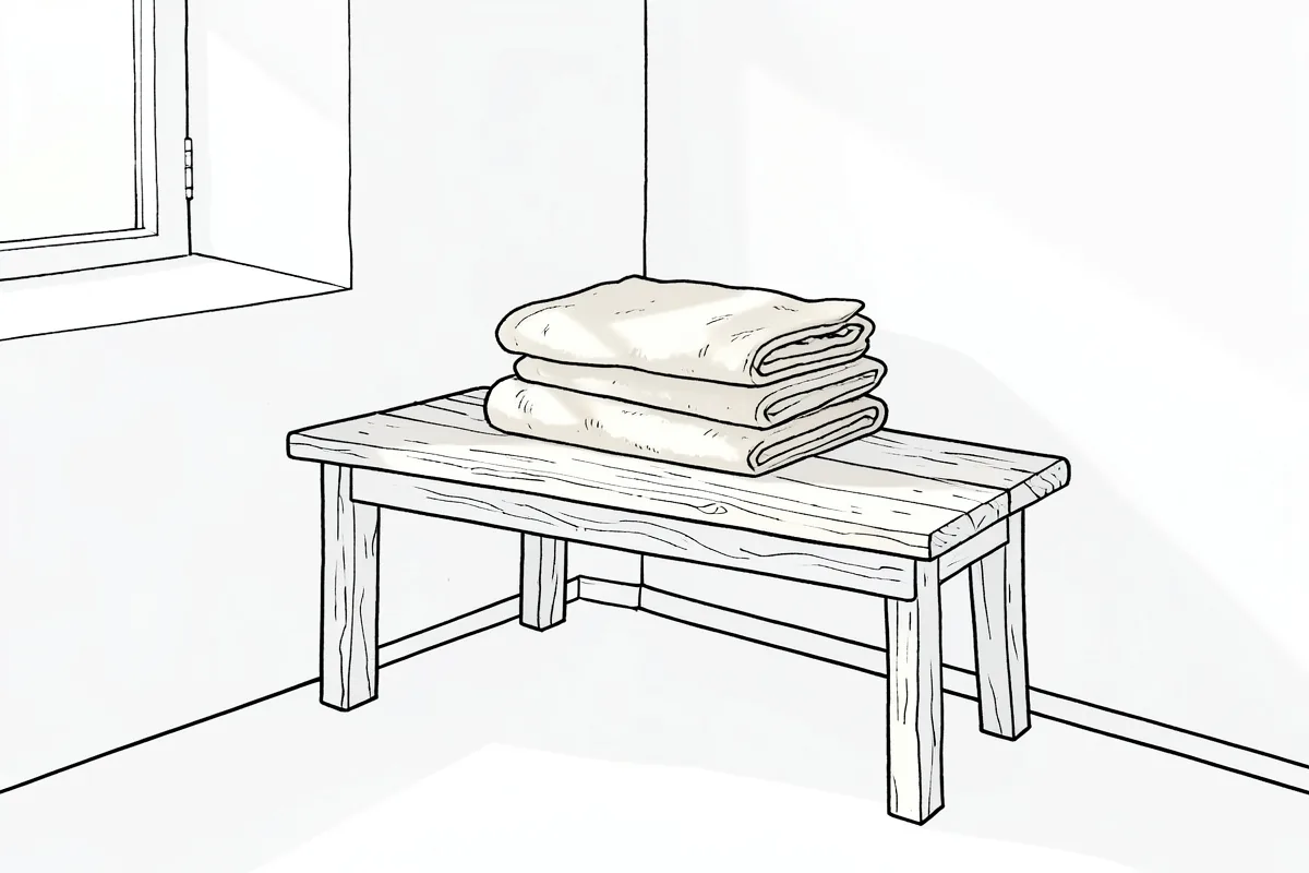 Un banco bajo de madera en el rincón de un baño, con dos toallas claras dobladas apiladas encima, apoyado en el suelo junto a la ventana, y la luz de la mañana entrando de lado