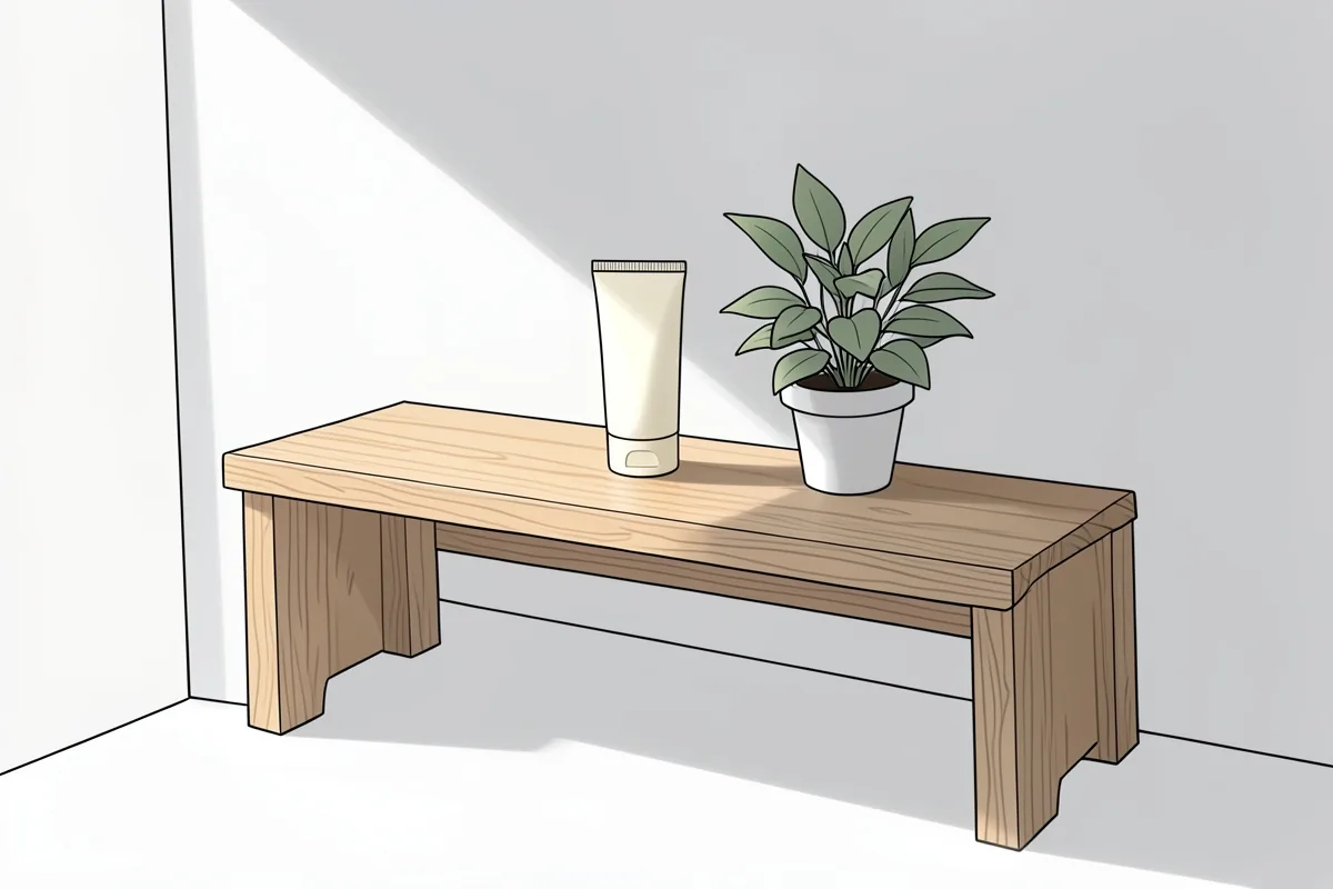 Un banco bajo de madera clara en una esquina de baño, con un tubo de crema sin etiqueta y una planta pequeña en maceta al lado, apoyado en el suelo, y la luz de la mañana entrando de lado