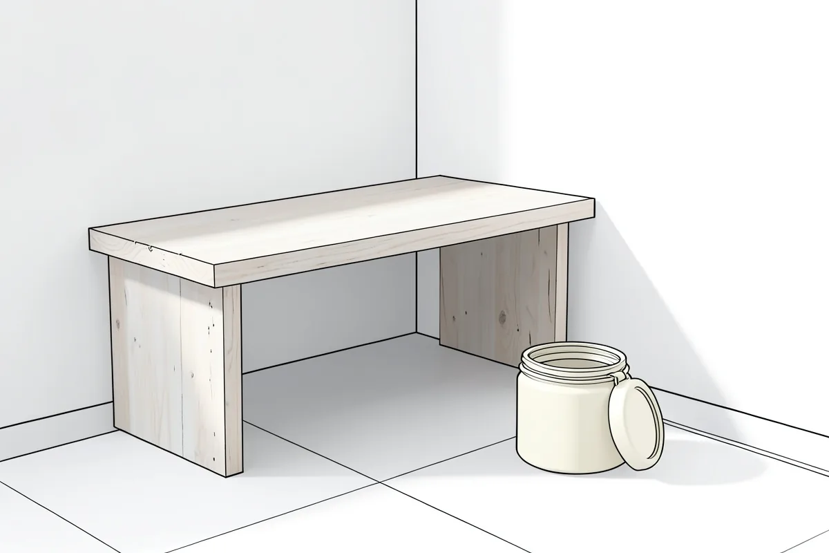 Un banco bajo de madera clara en la esquina de un baño, con un tarro de crema abierto y su tapa suelta apoyados en el suelo junto a él, y la luz de la mañana entrando de lado