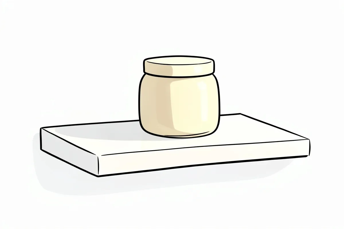 Un bote de crema cerrado y sin etiqueta sobre un estante blanco y grueso visto en perspectiva, dibujado a linea negra sobre fondo blanco, con la luz de la manana entrando de arriba a la derecha y una sombra suave bajo el estante
