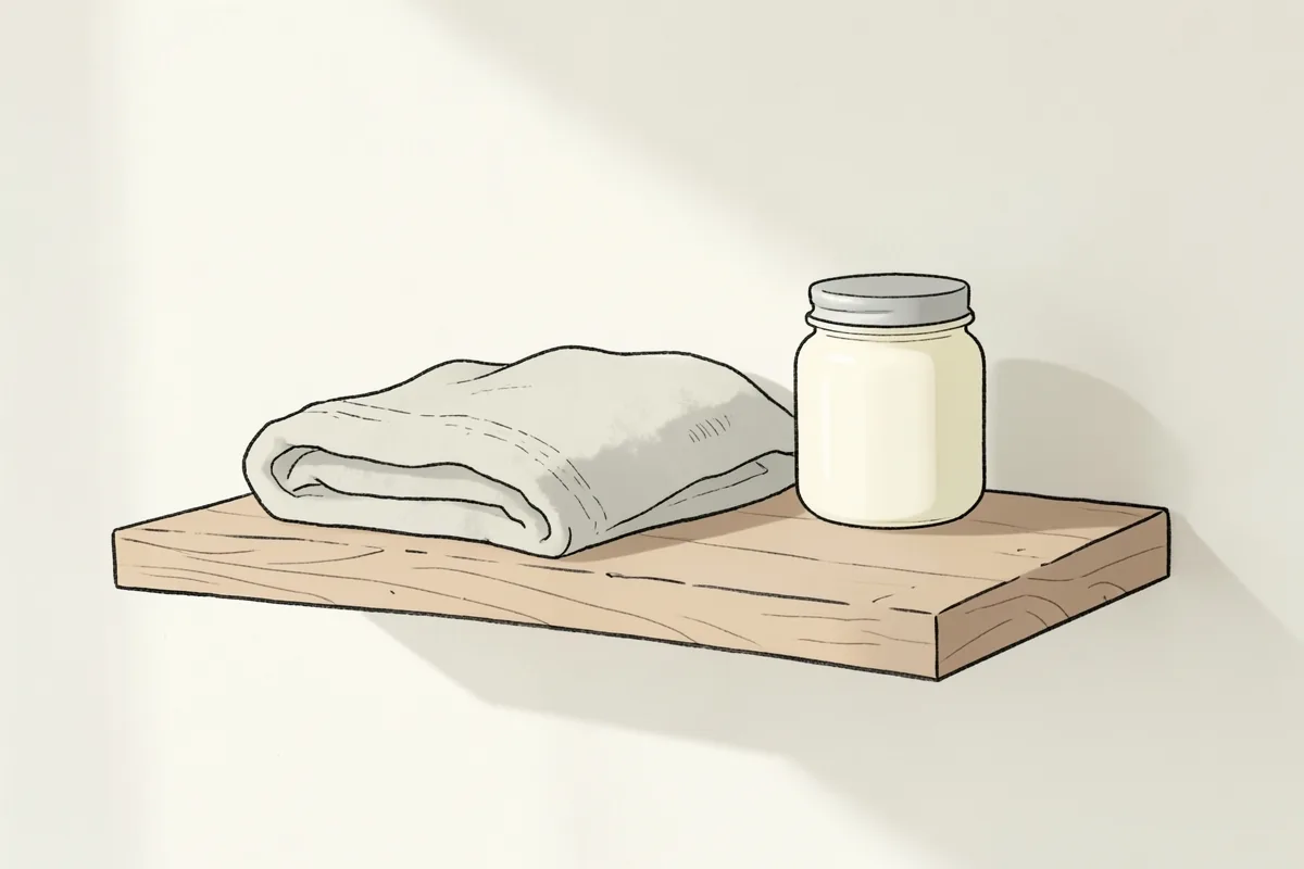Un estante de madera clara en la pared con una toalla clara doblada y un tarro de crema sin etiqueta al lado, y la luz de la mañana entrando de lado