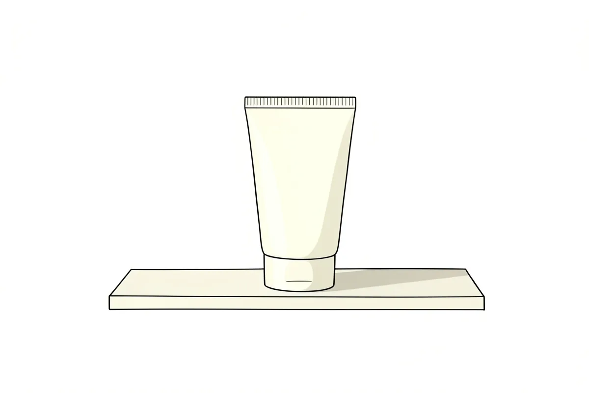 Un tubo de crema sin etiqueta, de pie sobre un estante liso, con la luz de la mañana entrando de lado y su sombra suave sobre el estante