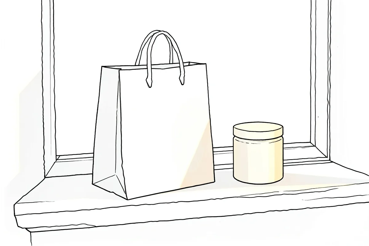 Un alféizar de ventana con una bolsa de papel de la compra apoyada y un bote de crema liso sin etiqueta al lado, con el marco de la ventana alrededor, y la luz de la tarde entrando de lado
