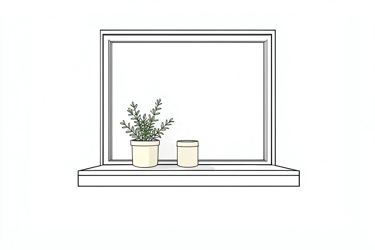 Un alféizar de ventana con una planta pequeña en maceta y un bote de crema liso sin etiqueta, con el marco de la ventana alrededor, y la luz de la tarde entrando de lado