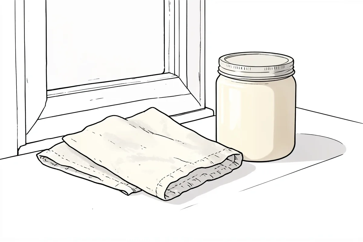 Una toalla clara doblada y un tarro de crema liso sin etiqueta delante de una ventana, con el marco y el alfeizar detrás, y la luz de la tarde entrando de lado