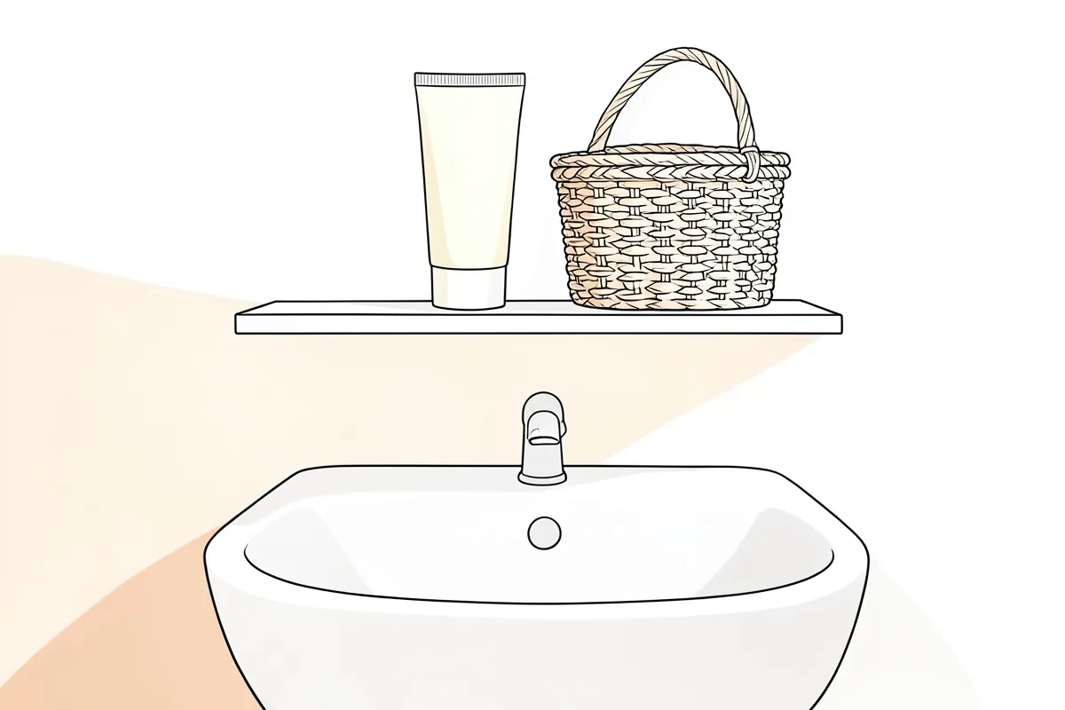 Una repisa estrecha sobre un lavabo blanco con grifo, con un tubo de crema sin etiqueta y una cesta de mimbre de dos asas encima, y la luz de la tarde entrando de lado