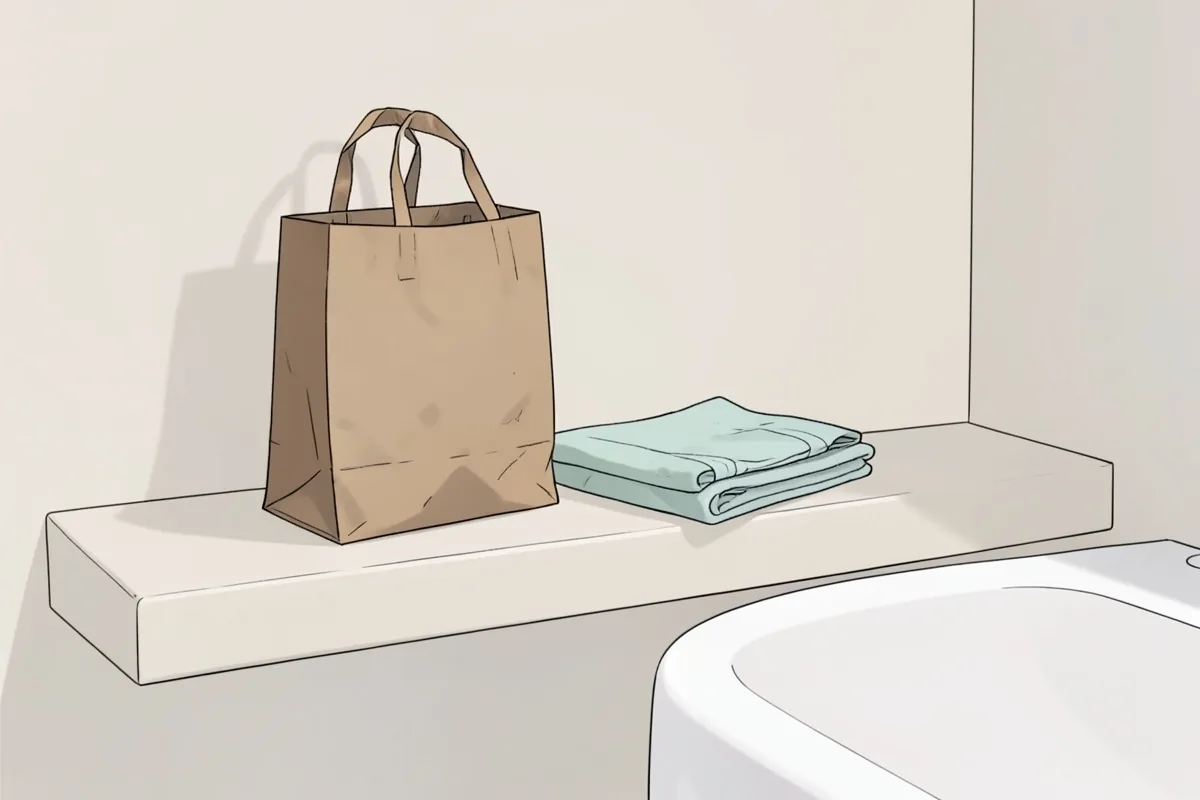 Una repisa estrecha sobre un lavabo blanco con una bolsa de papel de la compra lisa y una toalla clara doblada al lado, y la luz de la tarde entrando de lado
