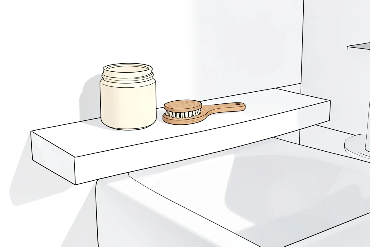 Una repisa estrecha de baño sobre un lavabo blanco, con un bote de crema sin etiqueta y un cepillo de madera al lado, y la luz de la tarde entrando de lado