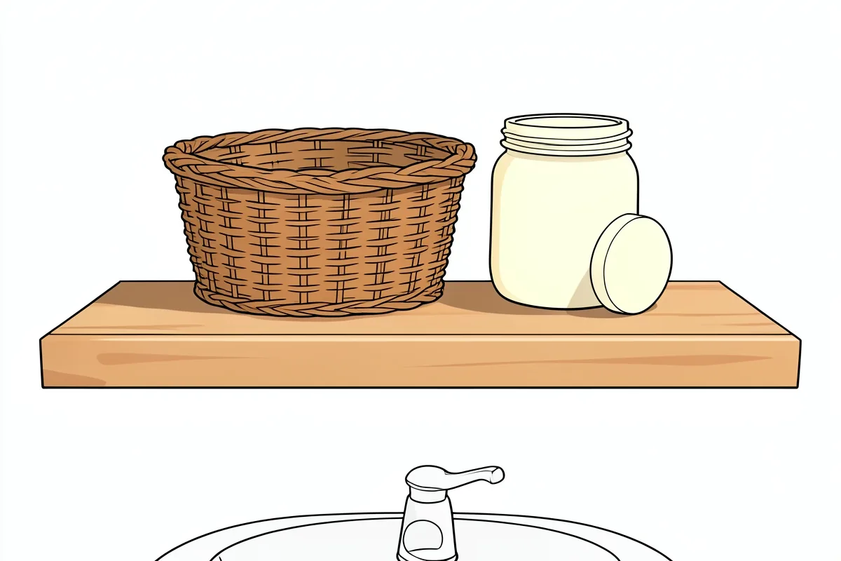 Una repisa de madera clara sobre un lavabo blanco con grifo, con una cesta de mimbre y un tarro de crema con su tapa suelta al lado encima, y la luz de la tarde entrando de lado