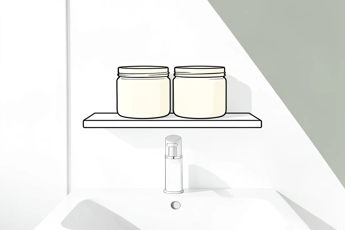 Una repisa estrecha sobre un lavabo blanco, con dos botes de crema sin etiqueta alineados, y la luz de la tarde entrando de lado