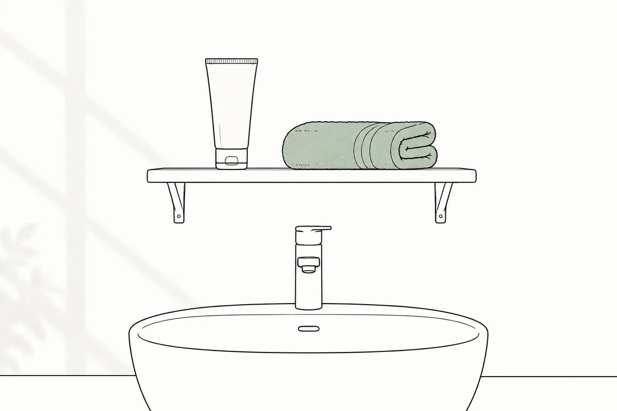Una repisa de baño con un tubo de crema sin etiqueta y una toalla clara enrollada, encima de un lavabo blanco con grifo, y la luz de la tarde entrando de lado