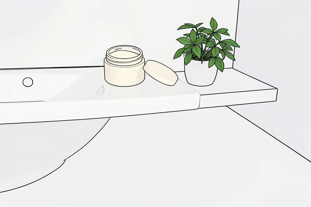 Una repisa de lavabo con un tarro de crema abierto y su tapa suelta al lado, y una planta pequeña en una maceta blanca en un extremo, con la luz de la tarde entrando de lado